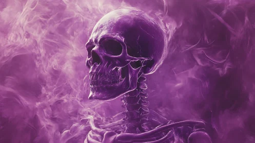Luminous violet skull emerges through swirling spectral mist.