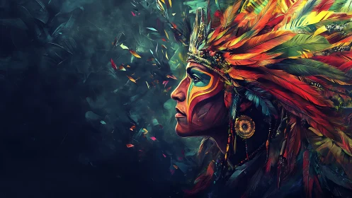 Profile portrait shows warrior in radiant feathered headdress