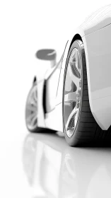 Rear quarter view of modern white sports car on white floor.
