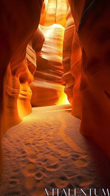 Glowing sandstone canyon tunnel opens toward gentle desert light