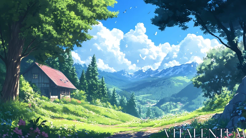 Sunny mountain meadow with cottage and distant peaks.