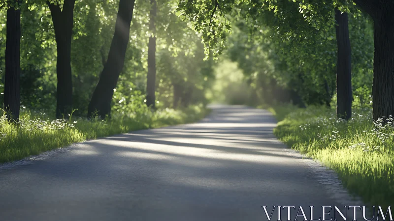 Tree-Lined Forest Path with Dappled Light.