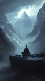 Solitary figure meditating on cliff before distant icy peak