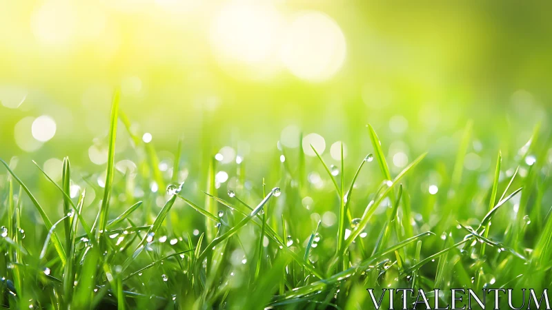 Macro lawn blades with dewdrops in luminous bokeh field.