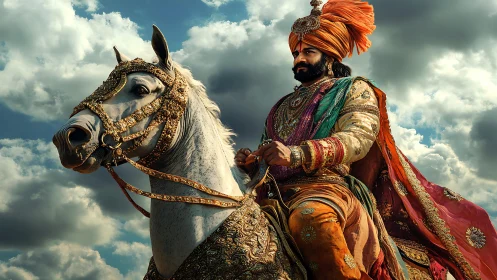 Regal equestrian portrait with ornate Indo-Islamic regalia under clouds.