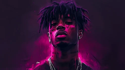 Digital portrait of male figure with magenta neon lighting.