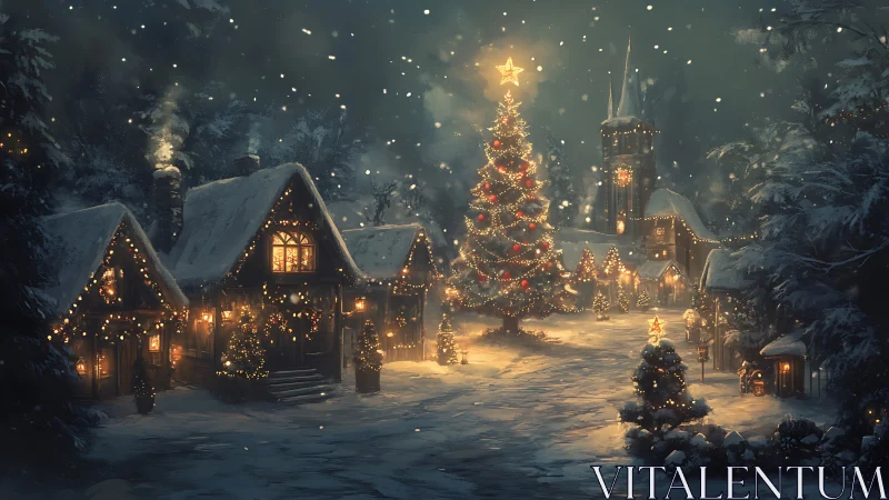 Snowflakes circle a village crowned by a glowing Christmas star