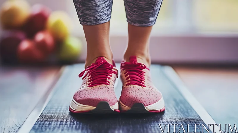 Pink running shoes in sharp focus on indoor treadmill belt