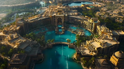 Aerial perspective of luxury resort complex with artificial lagoon system.