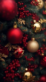 Red and gold Christmas ornaments create rich festive depth