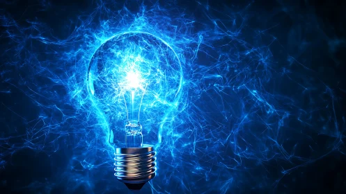 Electric thoughts ignite inside a storm-lit blue lightbulb