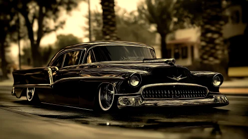 Low-angle view shows modified classic sedan on urban street