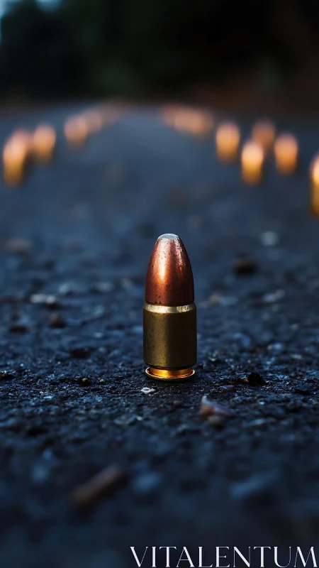 Single upright bullet on asphalt surface with blurred lights.