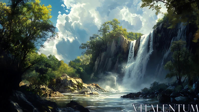 Sunlit forest waterfall cascades into a misty, tranquil river