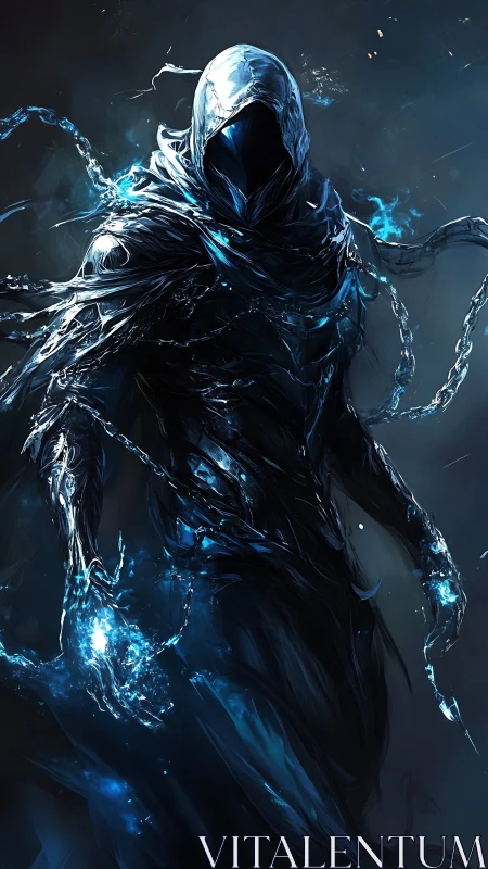 Spectral hooded wraith forged from luminous blue energy.