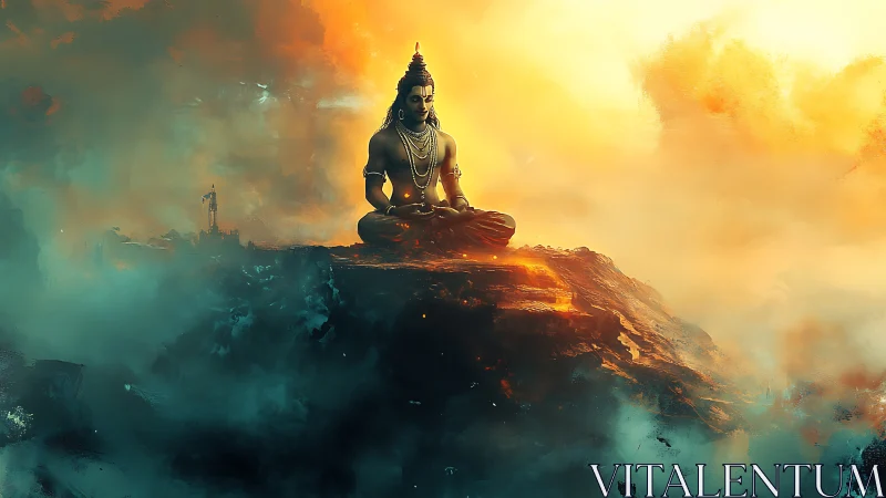 Skyborne sage on molten cliffs in sunrise silence.