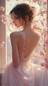 Woman in backless dress among soft pink blossoms at window.