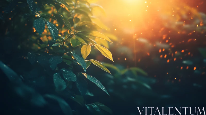 Backlit forest leaves catch warm sunrise glow and drifting dust