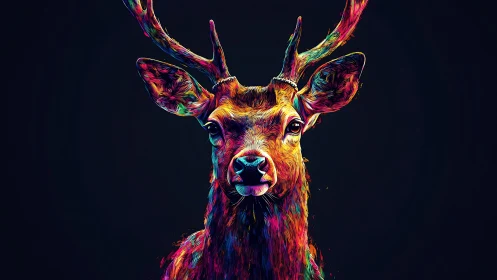 Neon antlered stag blazing through the cosmic midnight hush.
