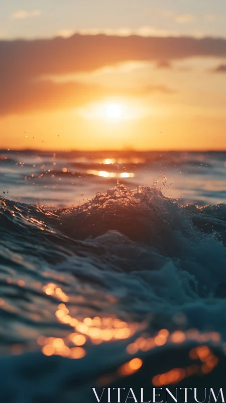 Sunlit ocean swell in golden hour dynamic close focus.