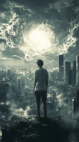 Lone figure overlooks storm-lit futuristic megacity skyline.