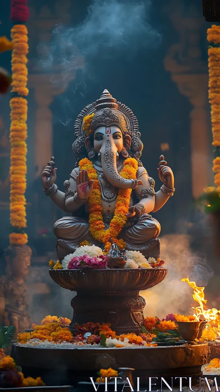 Ganesh statue with marigold garlands amid incense smoke.
