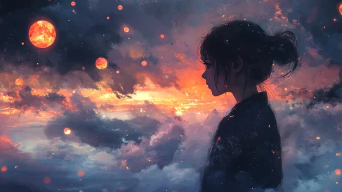 Dreaming girl drifting through sunset skies and twin moons.