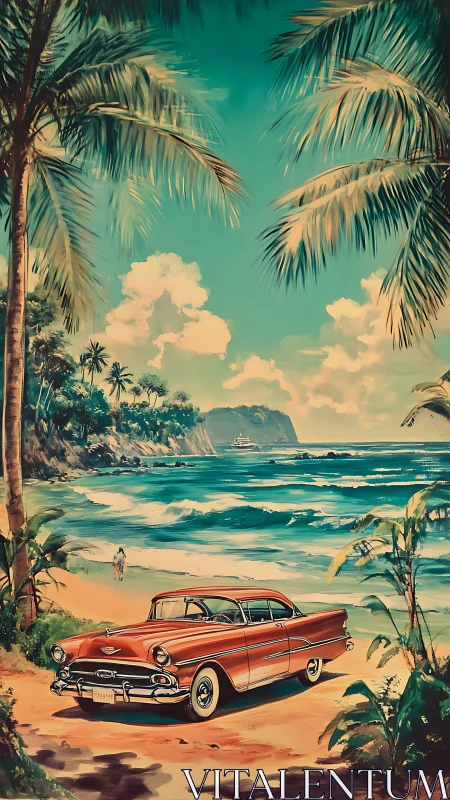 Vintage red car on tropical coastline under palm trees.