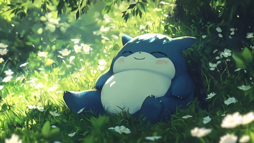 Blue creature resting calmly in a sunlit flower meadow.