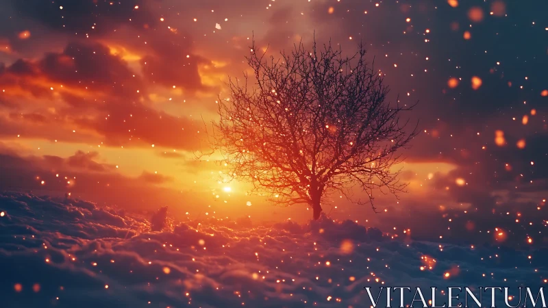 Solitary Tree Ablaze Against Luminous Sunset Sky