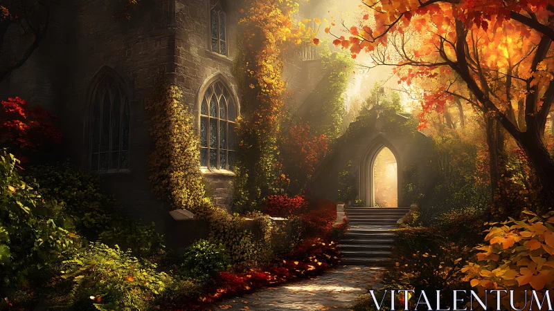 Gothic stone cloister in volumetric autumnal forest light.