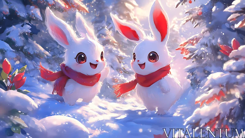 Two stylized white rabbits stand in a snowy forest landscape