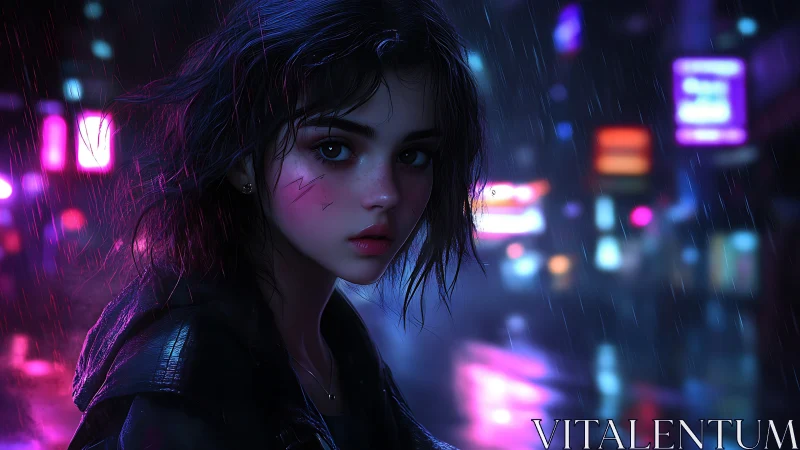 Neon‑lit girl in rainy cyber street, reflective gaze portrait.