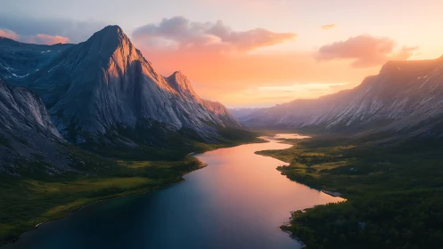 Sunset light spills over tranquil fjord and rugged peaks