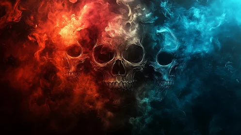 Triad of spectral skulls swirling through fire and frost.