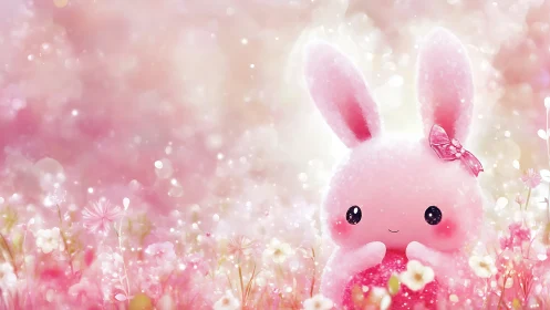 Fluffy pink bunny character sits in luminous pastel flower field