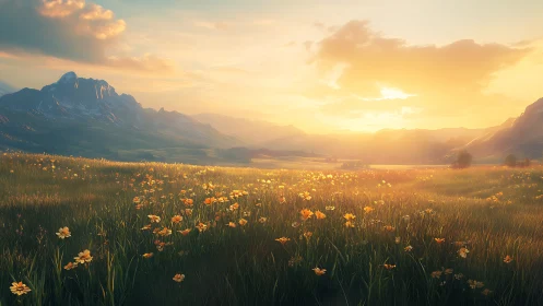 Digital painting landscape with sunlit alpine wildflower meadow.