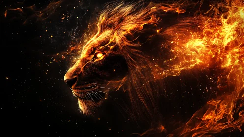 Pyrokinetic leonine profile rendered as dynamic flame topology.