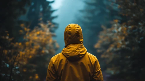 Solitary wanderer in amber raincoat beneath misty pines.