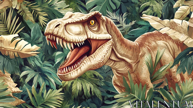 Roaring jungle dinosaur peeking through wild green leaves.