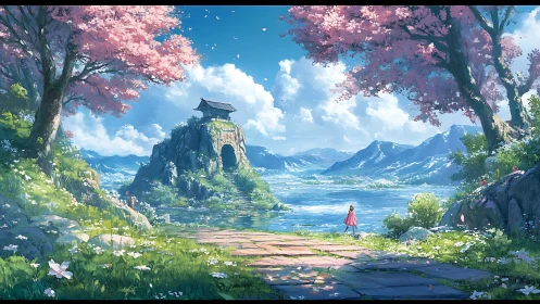 Mountain lake path with cherry trees and distant shrine.