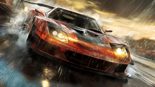 Red racing car drifts through rain-soaked city street