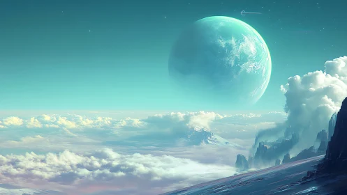 Distant planet above icy cloudscape on alien horizon.