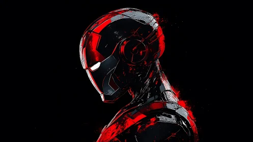 Red cybernetic armored profile rendered in high-contrast digital ink