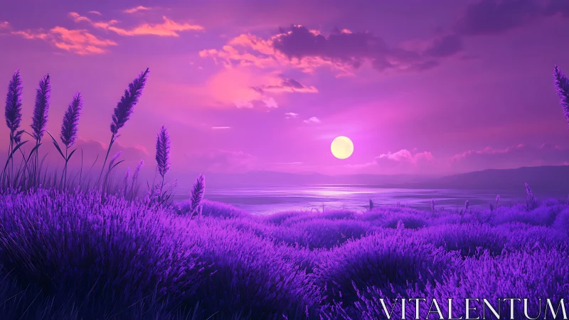 Purple coastal meadow under vivid sunset sky glows brightly