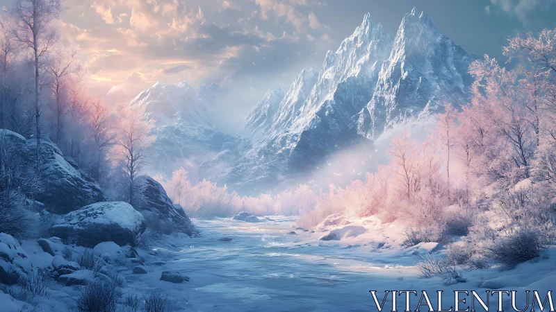 Digital painting of luminous winter valley with alpine massif.