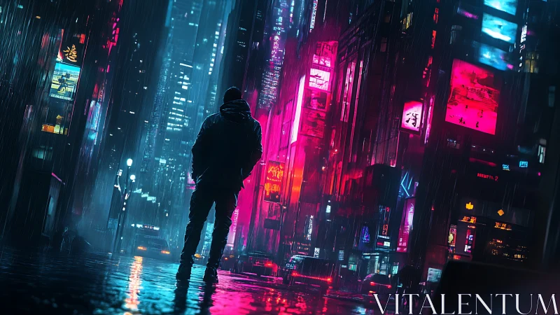Cyberpunk nocturnal streetscape with neon-lit lone figure staging.