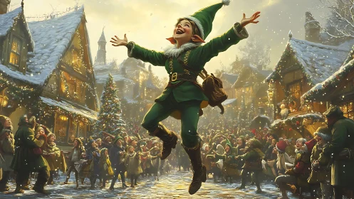 Digital painting of jubilant Christmas elf in snowy village crowd.