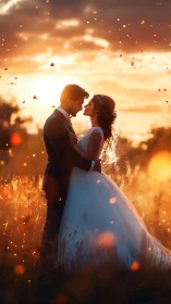 Backlit wedding couple in golden hour field with drifting petals