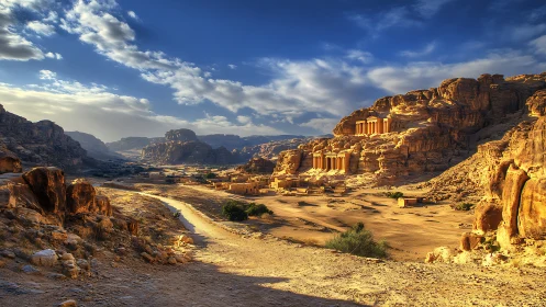 Sunlit desert valley winding toward ancient cliff temples.